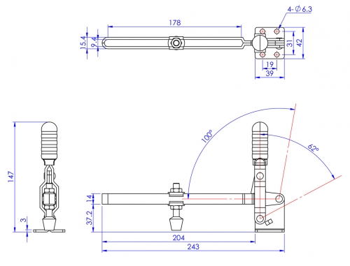 Vertical Toggle Clamp Flat Base Slotted Arm