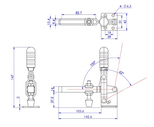 Vertical Toggle Clamp Flat Base Slotted Arm