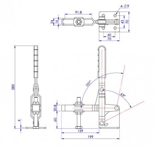 Vertical Toggle Clamp Flat Base Slotted Arm