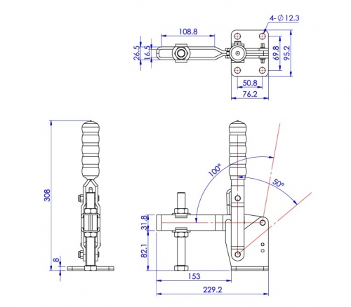 Vertical Toggle Clamp Flat Base Slotted Arm