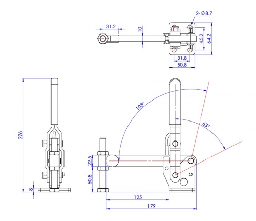 Vertical Toggle Clamp Flat Base Fixed & Solid Arm