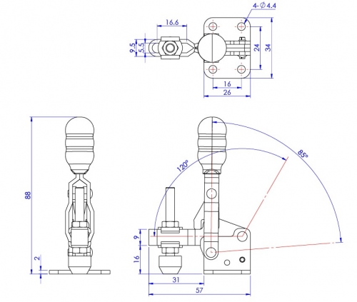 Vertical Toggle Clamp Flat Base Slotted Arm