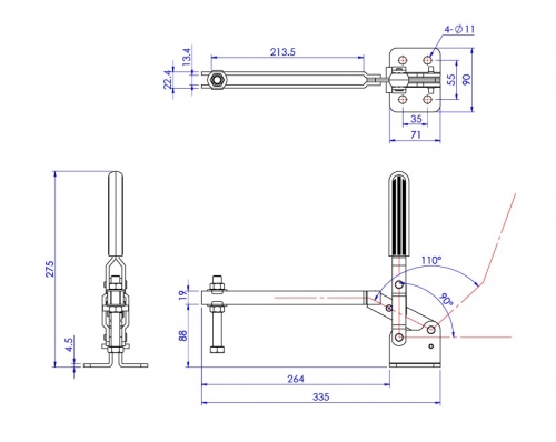 Vertical Toggle Clamp Flat Base Slotted Arm