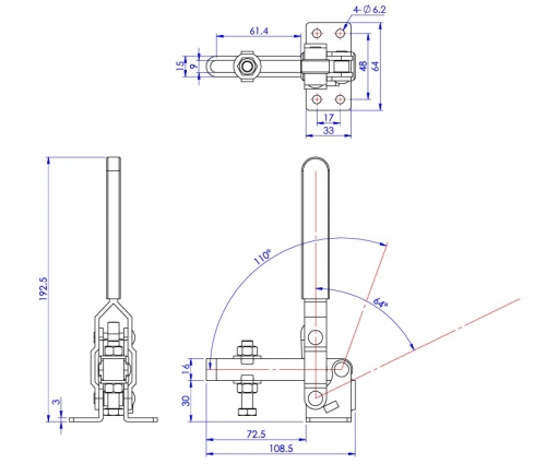 Vertical Toggle Clamp Flat Base Slotted Arm