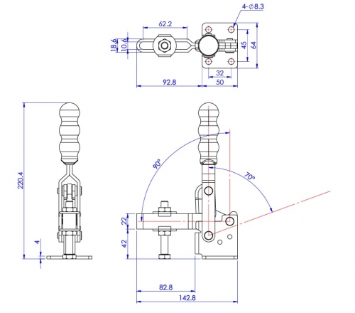 Vertical Toggle Clamp Flat Base Slotted Arm