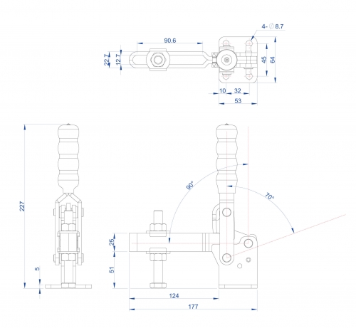 Vertical Toggle Clamp Flat Base Slotted Arm