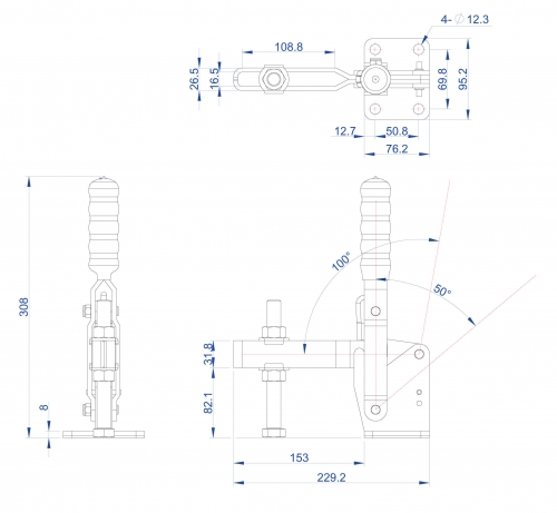 Vertical Toggle Clamp Flat Base Slotted Arm